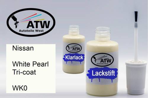 Nissan, White Pearl Tricoat, WK0: 20ml Lackstift + 20ml Klarlack - Set, von ATW Autoteile West.